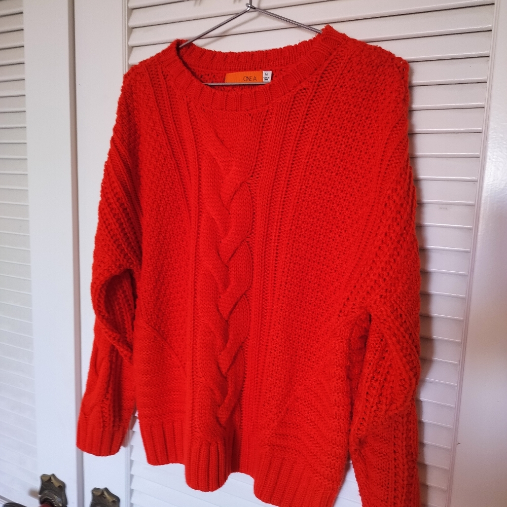 One A Women's Cable Knit Crewneck Sweater Medium, Riot Orange